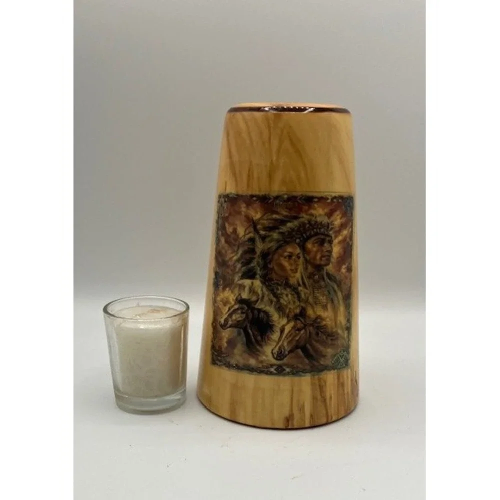 Hand Crafted Native American Votive Candle Holder Wooden‎ Signed Art Decor